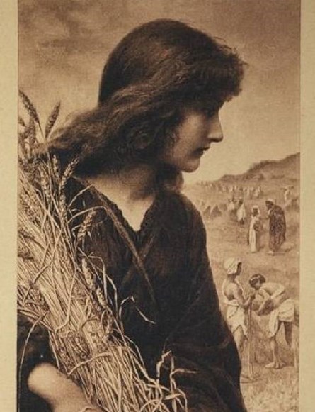 רות אוחזת אלומת שיבולים, רפרודוקציה של האמן האנגלי הנרי רילאנד, שהופקה כחלק מסדרת גלויות של חברת "לבנון", הספרייה הלאומית